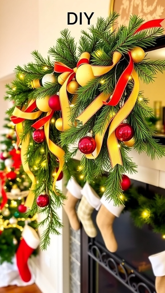 A festive DIY Christmas garland with pine branches, ribbons, and ornaments hanging over a mantel in a decorated living room.